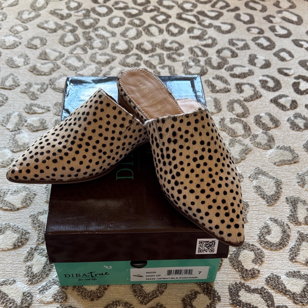 Diba True High Up pony hair black/tan dot mules
